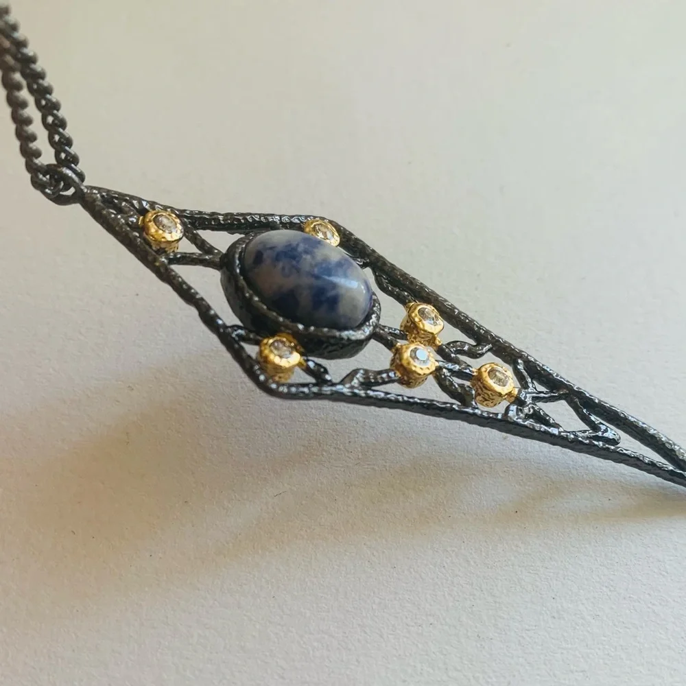 ALEXIS BITTAR •Gunmetal Gold Blue Stone Jardin De Papillon Lace Tassel Necklace
